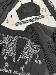 Designer Black Color Embroidery Work Saree With Koti