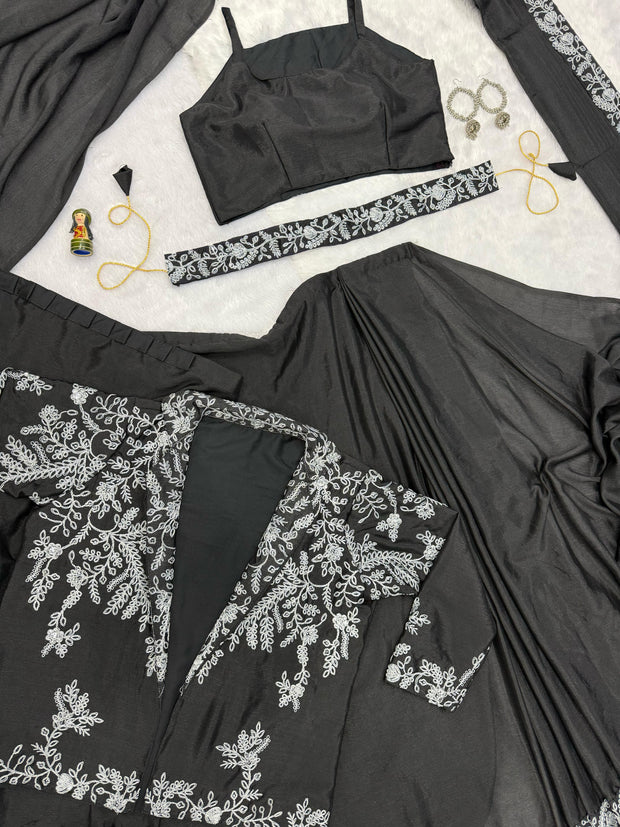 Designer Black Color Embroidery Work Saree With Koti