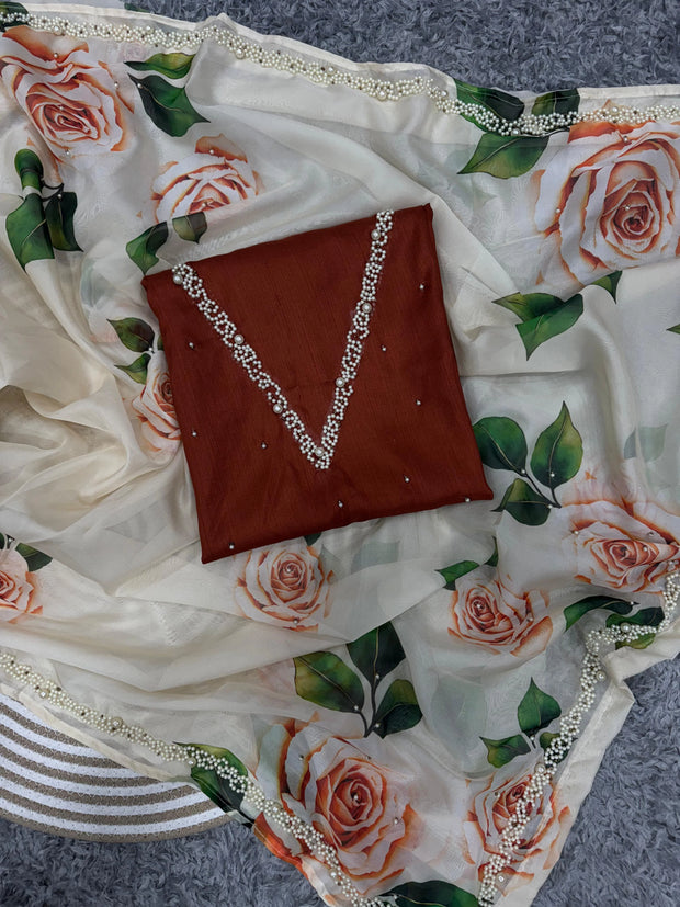 Lovely Floral Print White Color Saree