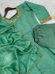 Delightful Embroidery Teal Blue Color Anarkali Gown with Dupatta