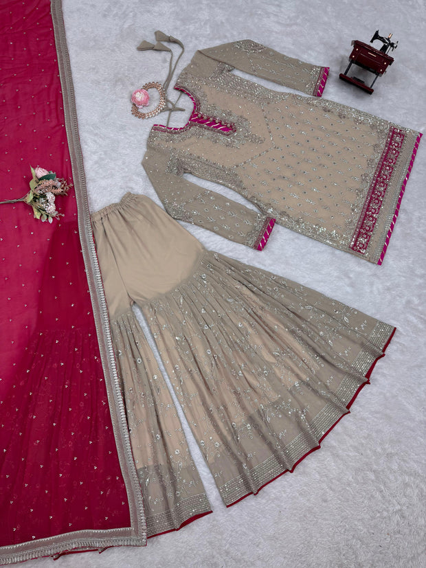 -44%   Ravishing Sequence Georgette Beige Color Sharara Suit