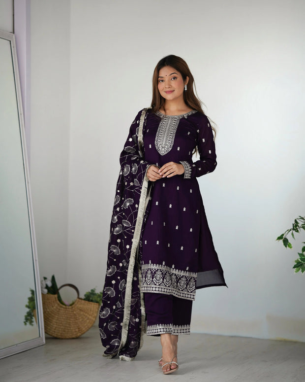 Attractive Wine Color Color Rangoli Silk Fabric Kurta With Dupatta Set