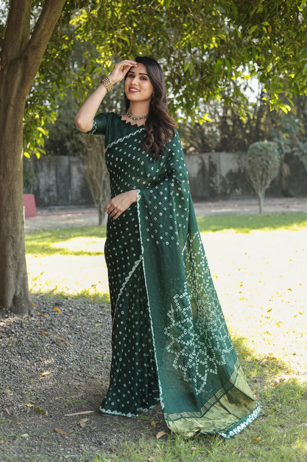 Superhit Green Color Original Bandhej Silk Saree