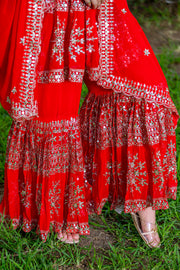Designer Georgette Red Color Sharara Suit
