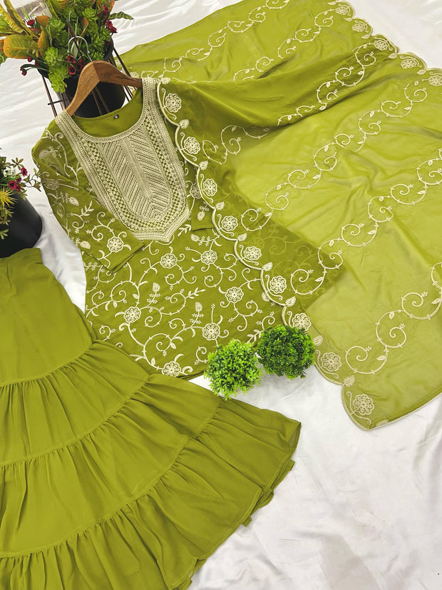Designer Embroidery Work Perrot Color Sharara Suit