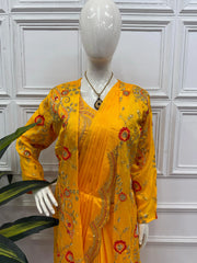 Eyes Catching Chinon Silk Yellow Color Ready To Wear Saree With Koti