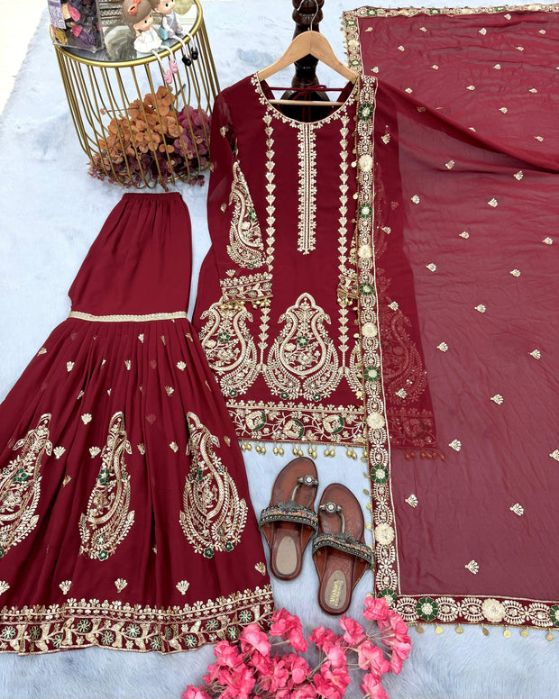 Designer Sequence Heavy Work Maroon Color Sharara Suit