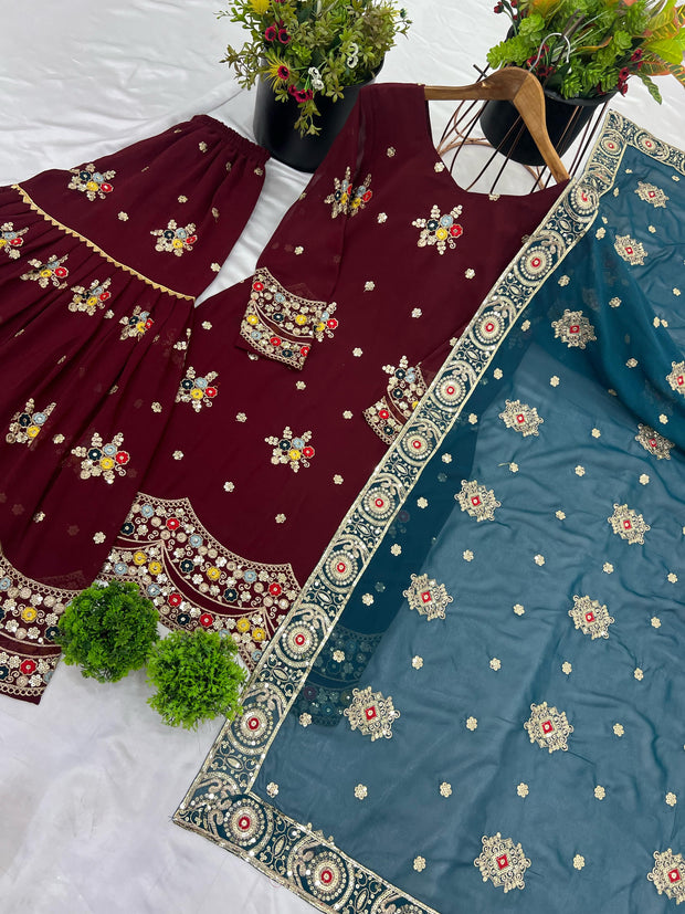 Mesmerizing Maroon Color Sharara Suit With Dupatta