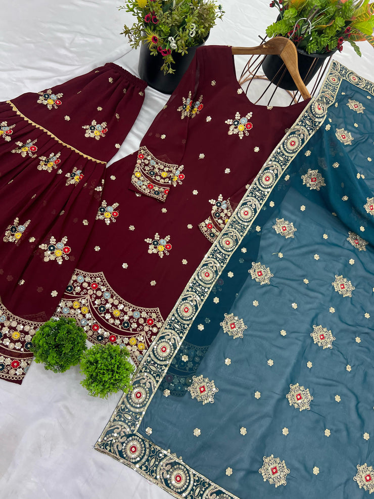 Mesmerizing Maroon Color Sharara Suit With Dupatta