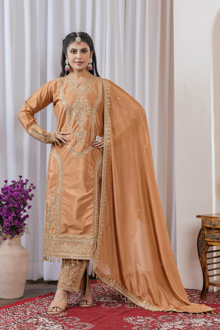 Imposing Chinon Silk Beige Color Top With Plazzo