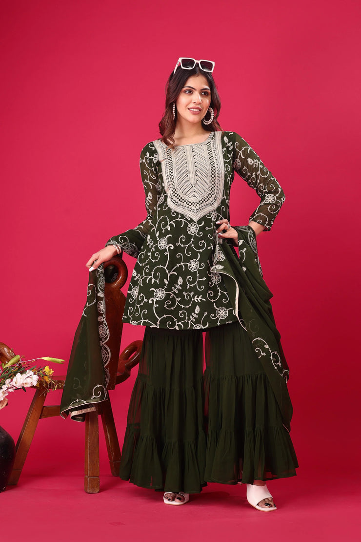Designer Embroidery Work Green Color Sharara Suit