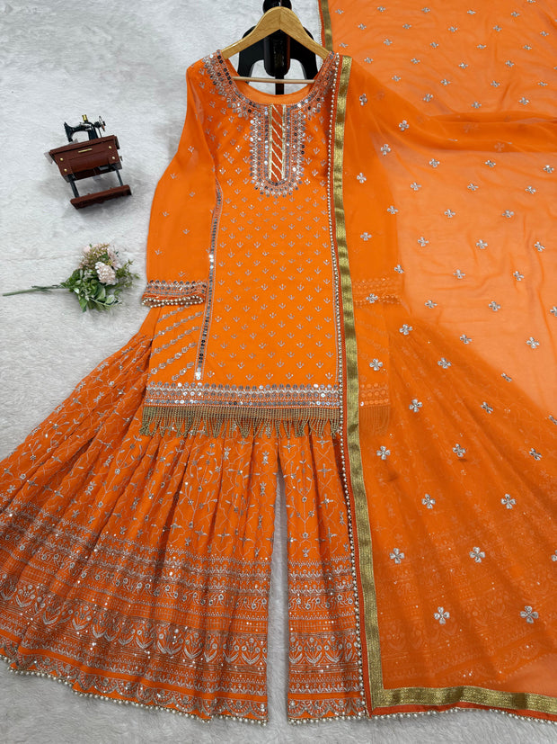 Blissful Gorgette Sequence Work Orange Color Sharara Suit