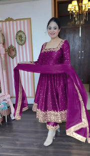 Glimmering Vichitra Silk Purple Color Anarkali Suit