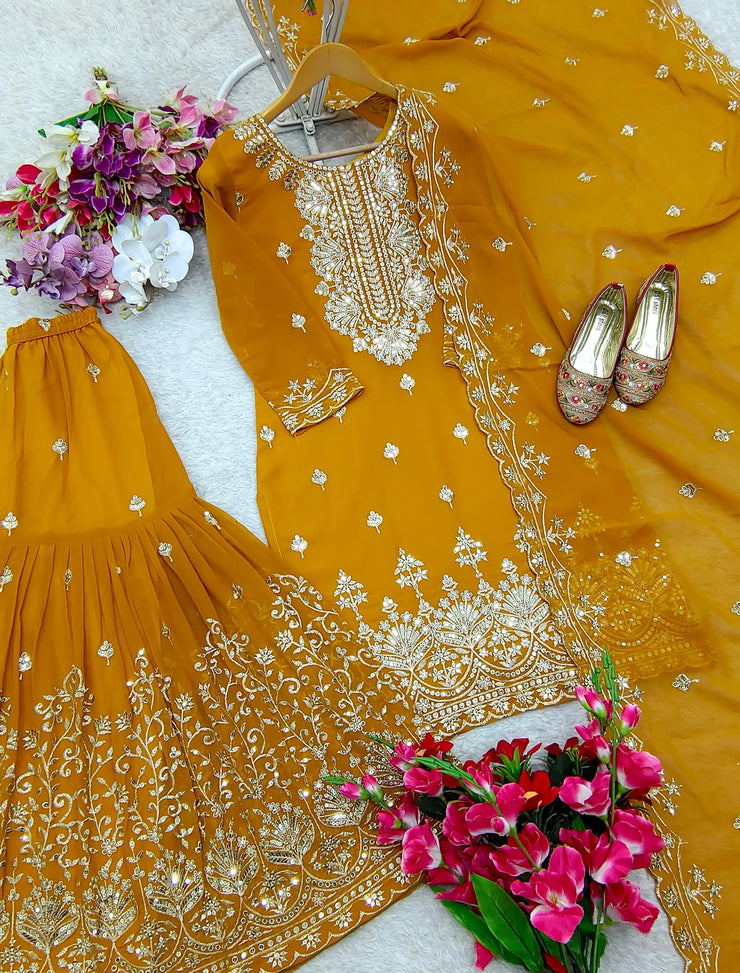Charming Georgette Mustard Color Sharara Suit