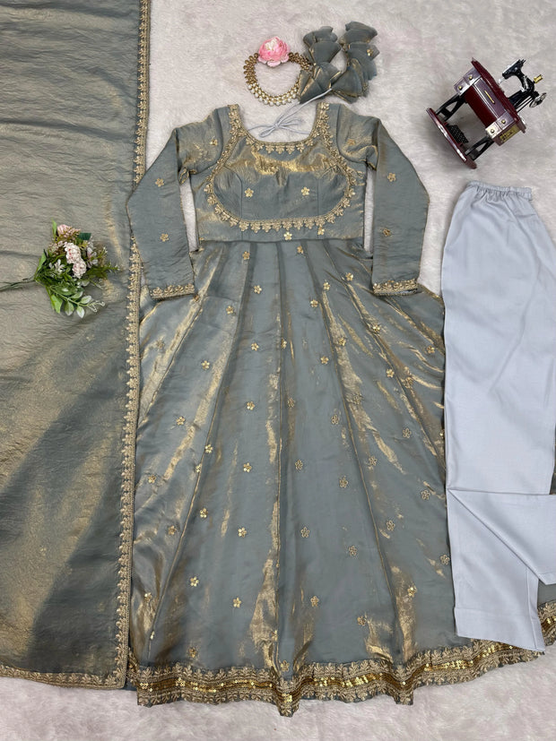 Fancy Sequence Work Grey Color Silk Gown