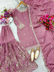 Exotic Chinon Silk Embroidery Work Pink Color Sharara Suit