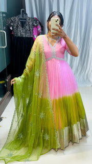 pink and green !!silver borders adding elegance paired with heavy embroidery duppta!