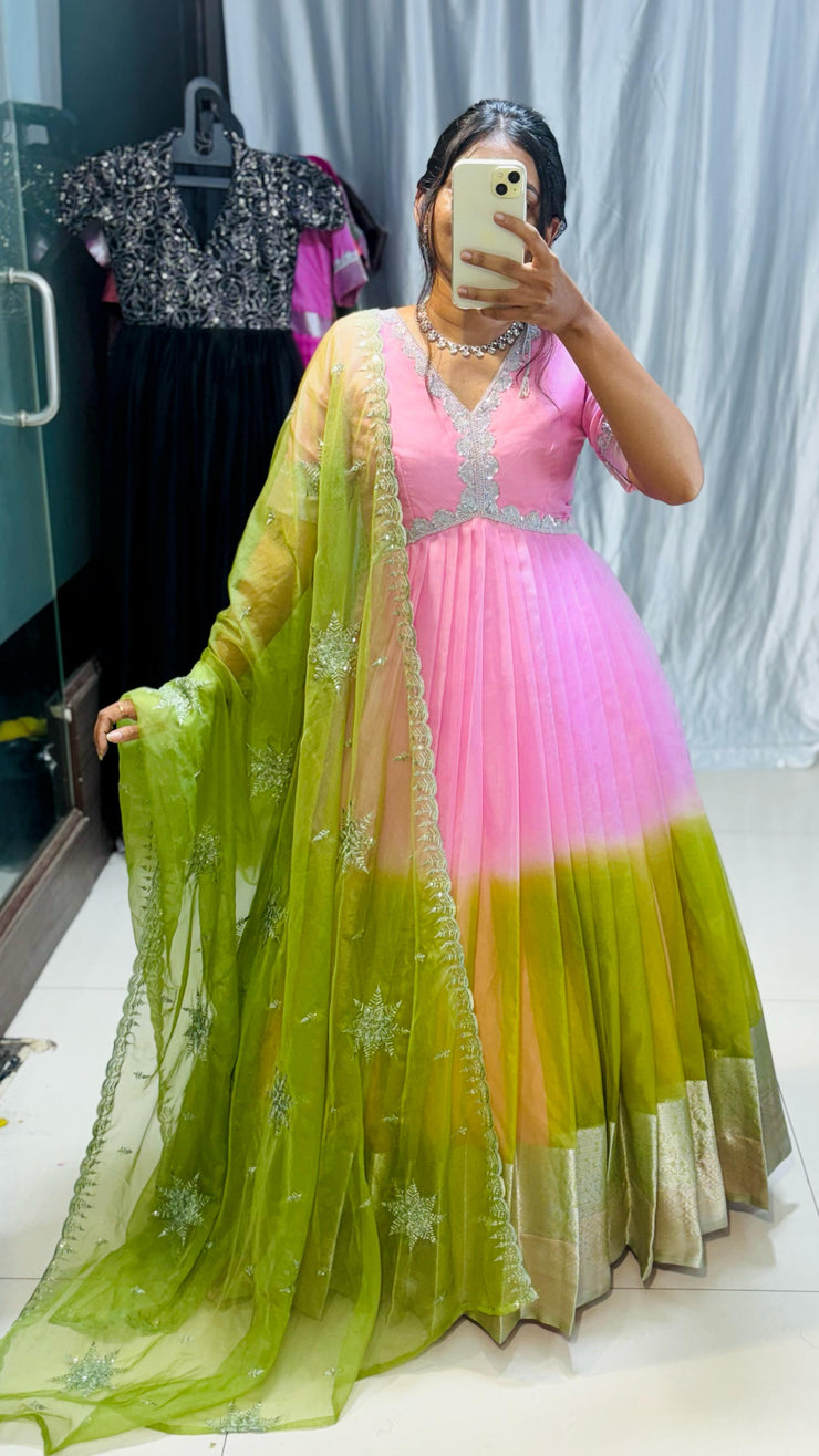 pink and green !!silver borders adding elegance paired with heavy embroidery duppta!