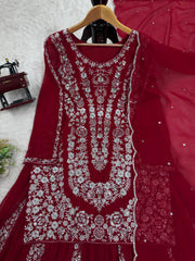 Awesome Gorgette Red Color Sharara Suit