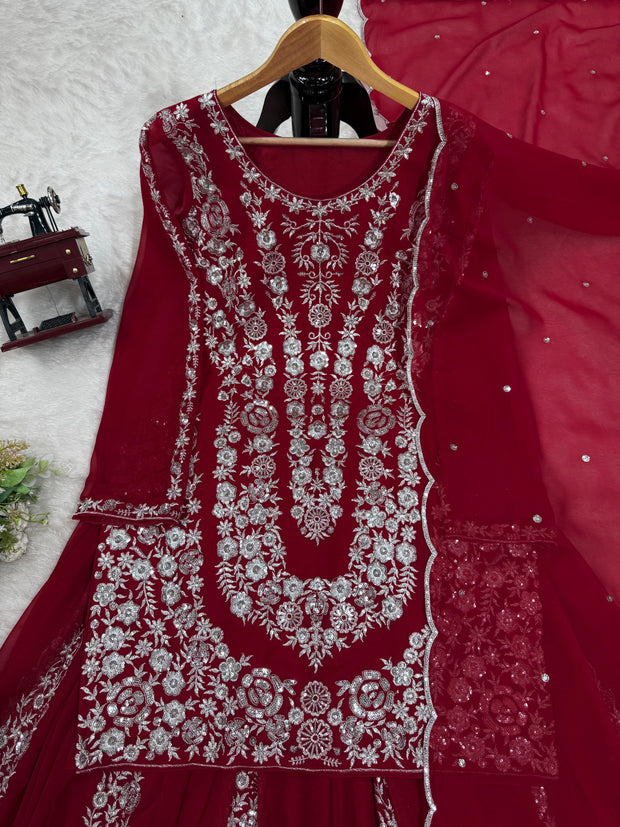 Awesome Gorgette Red Color Sharara Suit