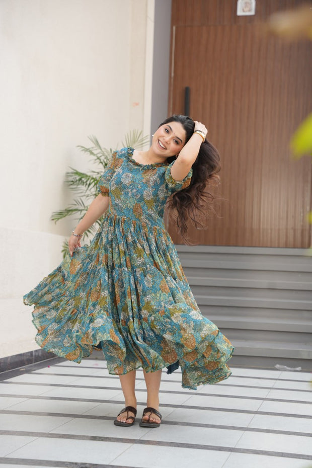 Desirable Women's Full Flair Gown Made With Faux Georgette Fabrics With Print