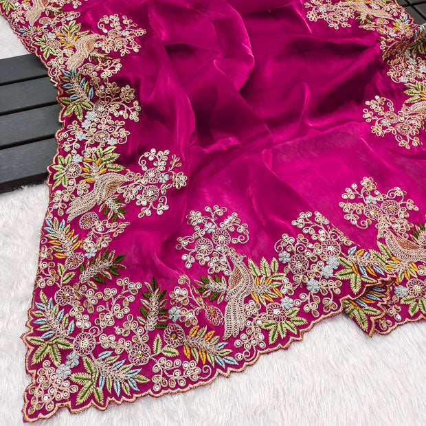 Traditional Wear Embroidery Work Pink Color Saree