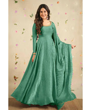 Delightful Embroidery Teal Blue Color Anarkali Gown with Dupatta