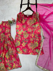 Delightful Embroidery Work Multi Pink Color Sharara Suit
