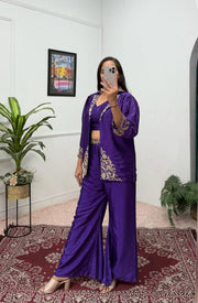 Wedding & Party Wear Purple Color Embroidery Work Palazzo Suit With Koti