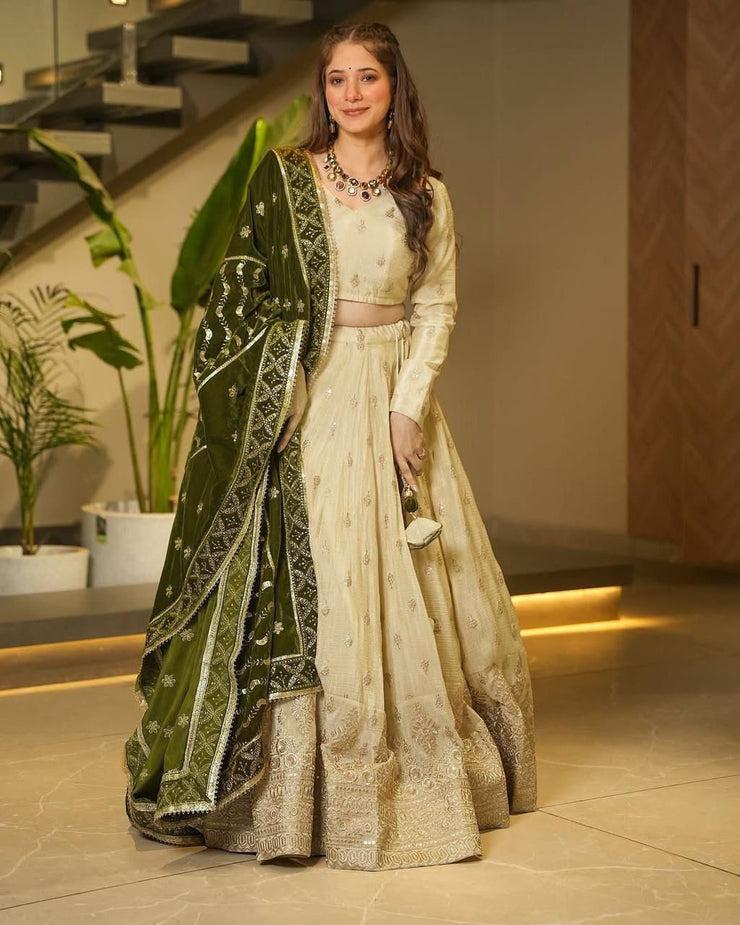 Party Wear Thread With Sequence Work Of White Color Lehenga Choli