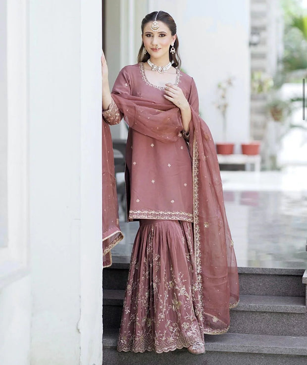 Exotic Chinon Silk Embroidery Work Pink Color Sharara Suit