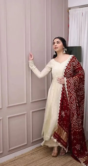 Beautiful Sequence Work White Gown With Bandhani Dupatta