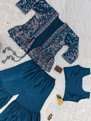 Delightful Chinon Silk Teal Blue Color Sharara Suit