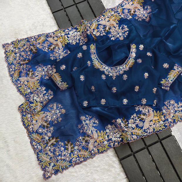 Traditional Wear Embroidery Work Teal Blue Color Saree