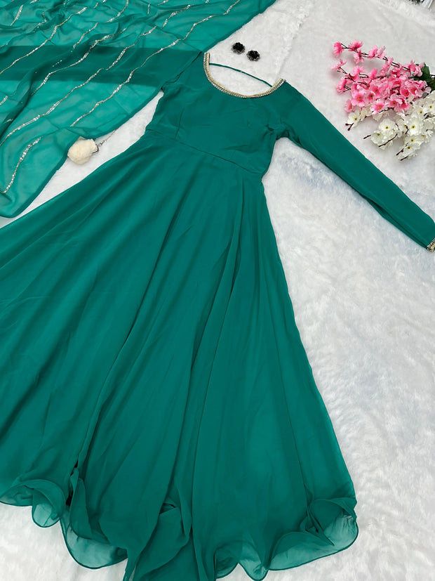 Festive Wear Shine Border Green Color Gown Get 10% off on Prepaid Orders