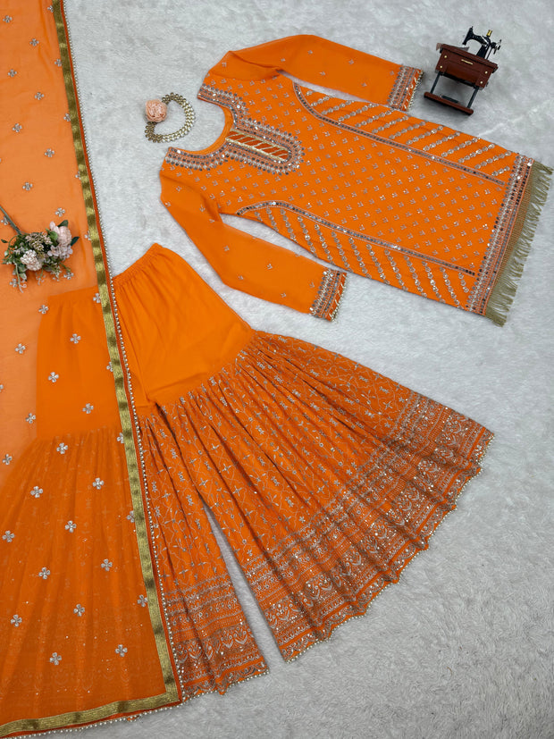 Blissful Gorgette Sequence Work Orange Color Sharara Suit