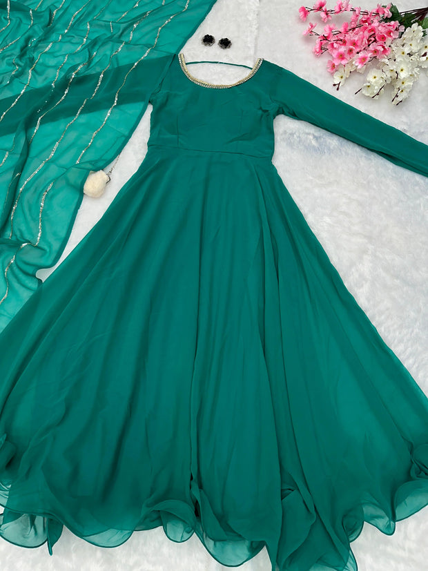 Festive Wear Shine Border Green Color Gown Get 10% off on Prepaid Orders