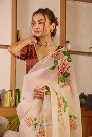Lovely Floral Print White Color Saree
