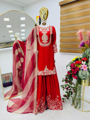 Preferable Heavy Red Color Sharara Suit