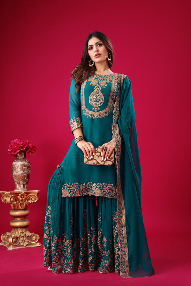 Traditional Wear Embroidery Work Teal Blue Color Sharara Suit