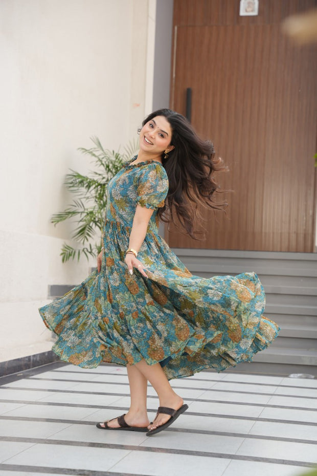 Desirable Women's Full Flair Gown Made With Faux Georgette Fabrics With Print