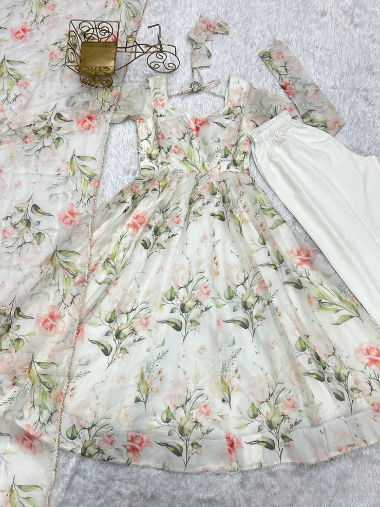 Gorgeous Flower Print White Color Anarkali Gown