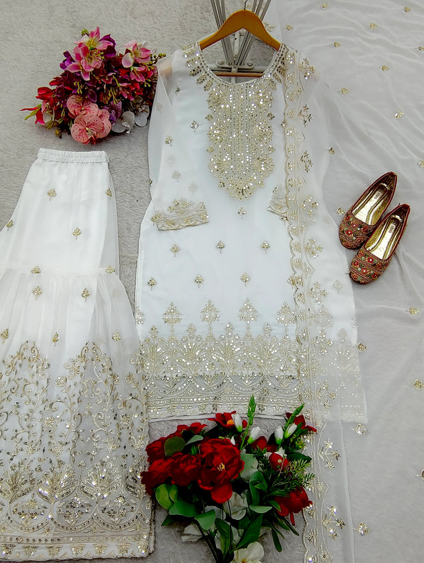 Fabulous Georgette White Color Sharara Suit