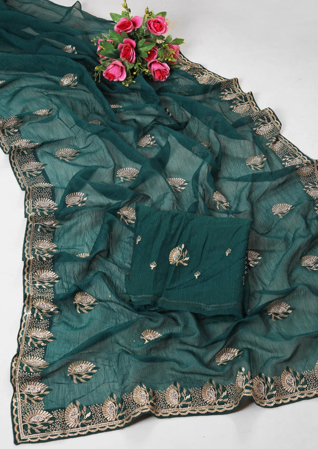 Fancy designer saree with work and attached blouse piece