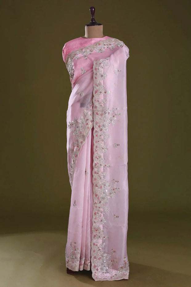 Mesmerizing Embroidery Multi Treads Pink Color Saree