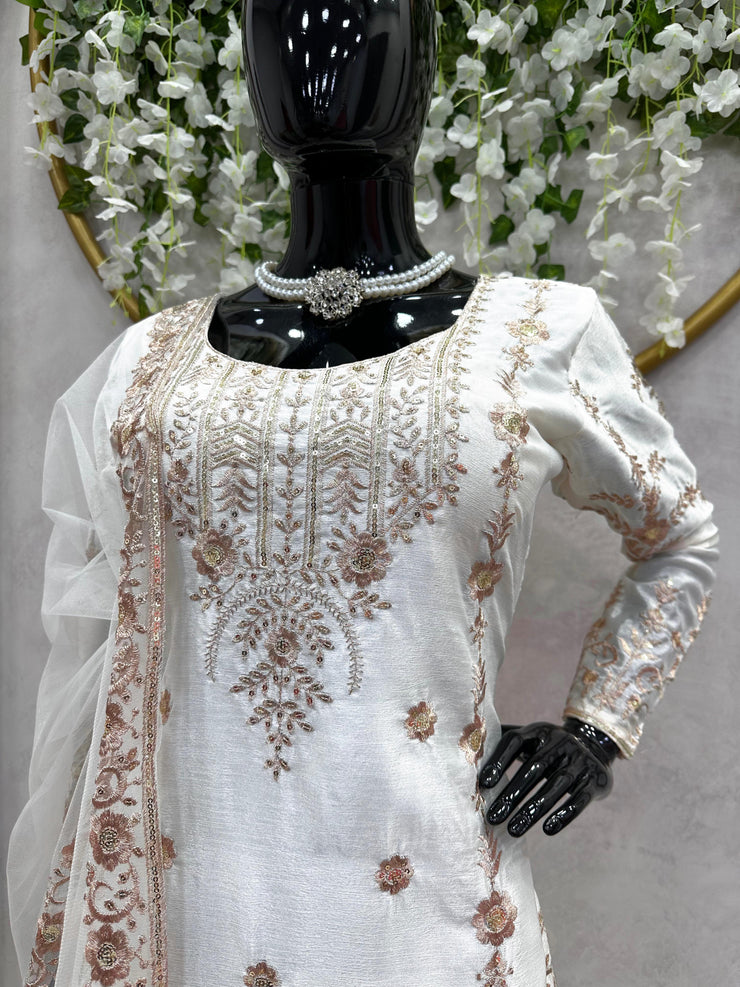 Classic Thread With Sequence Work White Color Sharara Suit
