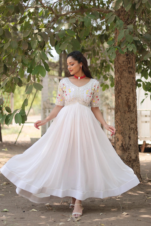 Outstanding Sequence Emrodery Work White Color Gow