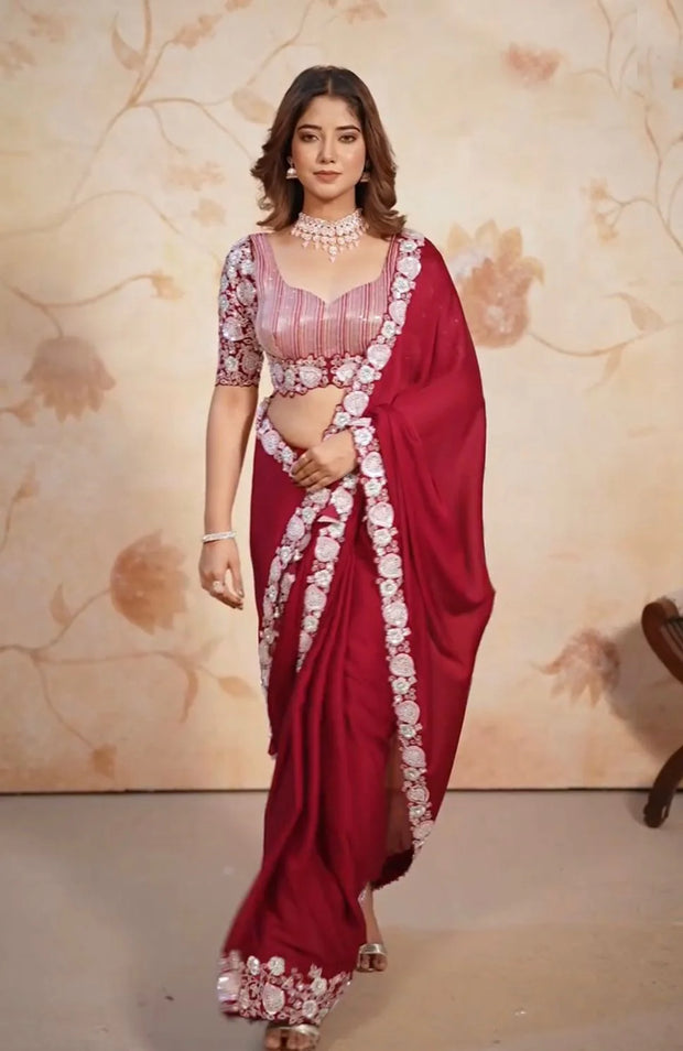 New launching Red Color Lace Border Saree With Work Blouse
