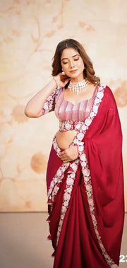 New launching Red Color Lace Border Saree With Work Blouse