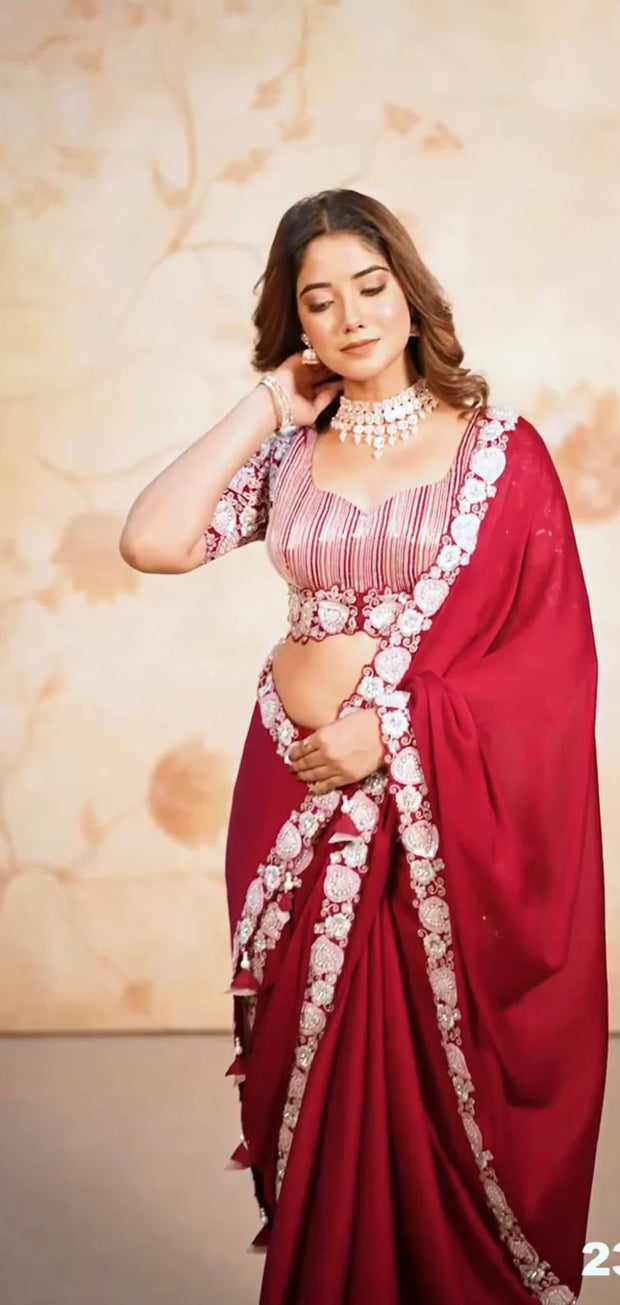 New launching Red Color Lace Border Saree With Work Blouse